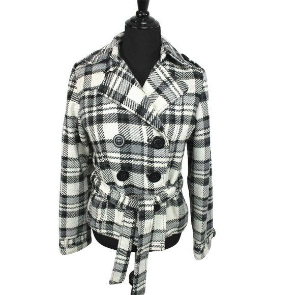 Maurices Coat Wool Blend Plaid size M Womens Black Cream Belted Hip Length - Picture 1 of 5